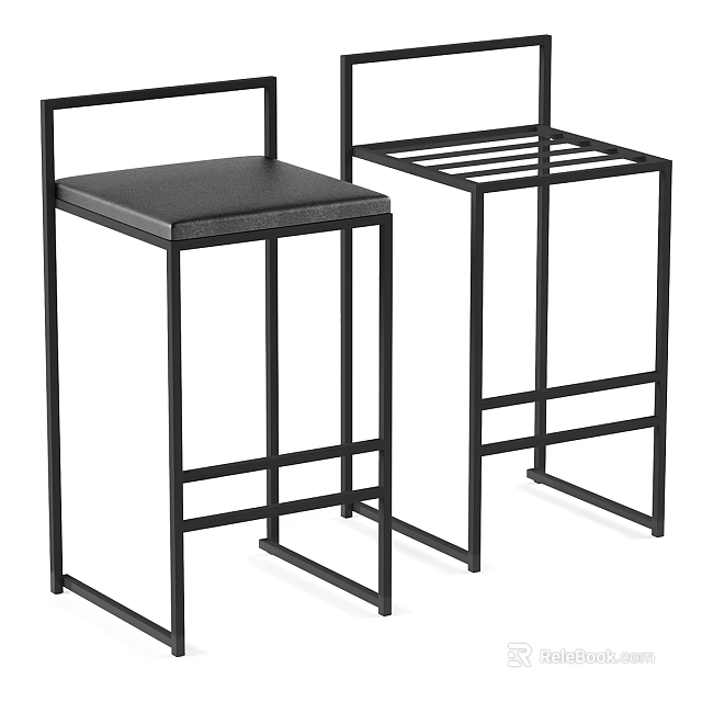 Black Metal Frame Bar Stools With Upholstered Seat And Slatted Design 3d model 