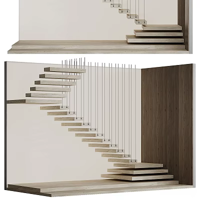Modern Floating Staircase Design With Wooden Steps And Metal Support Railings 3d model