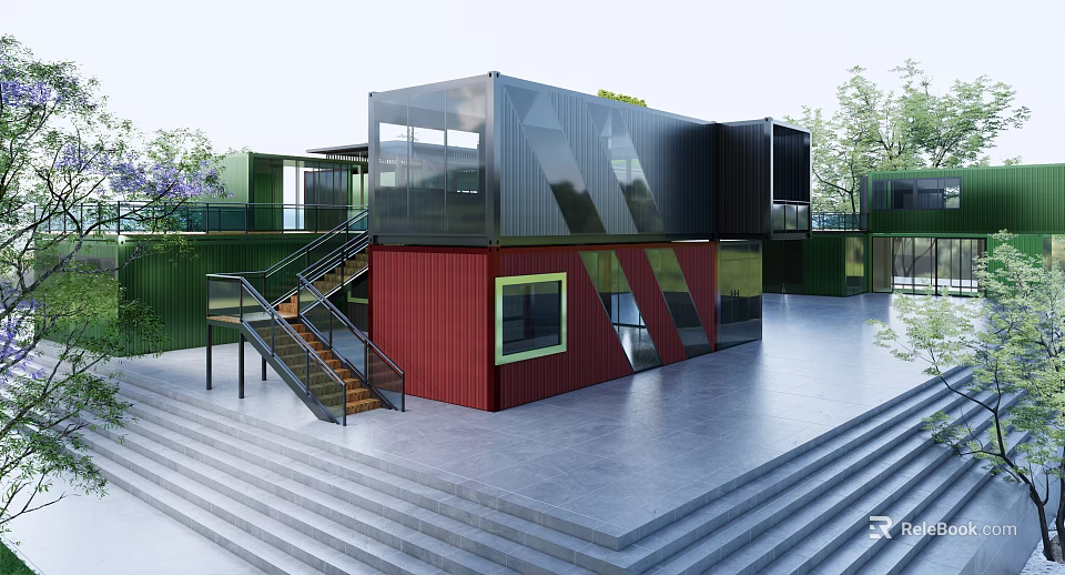 Modern Container Building With Red Black Modules Glass Windows Staircase And Greenery 3d model