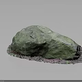 Natural Green Stone with Wooden Base Featuring Decorative Plants and Mossy Surface Texture