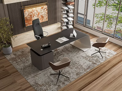 Modern Office Desk Featuring Black Surface Phone Documents Chairs Wooden Floor Rug And Window Plants 3d model