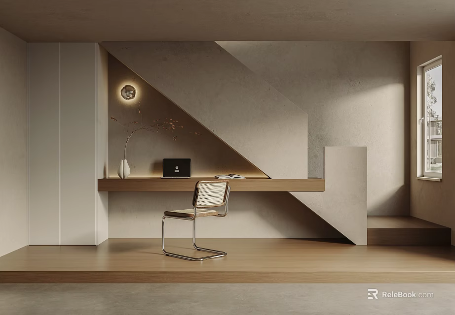 Modern Minimalist Staircase Interior With Wooden Desk Metal Chair Round Wall Clock Decorative Vase And Natural Light 3d model 