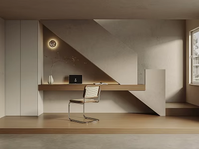 Modern Minimalist Staircase Interior With Wooden Desk Metal Chair Round Wall Clock Decorative Vase And Natural Light 3d model
