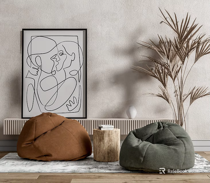 Brown And Green Bean Bag Chairs With Wall Art Plant And Wooden Stump In Interior 3d model 