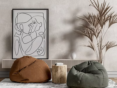 Brown And Green Bean Bag Chairs With Wall Art Plant And Wooden Stump In Interior 3d model