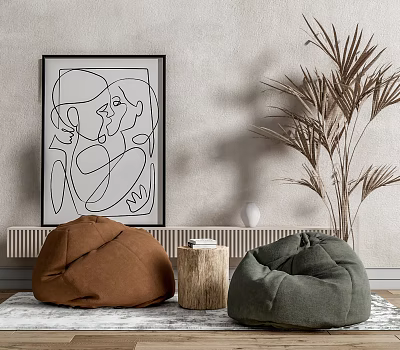 Brown And Green Bean Bag Chairs With Wall Art Plant And Wooden Stump In Interior 3d model