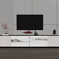 Modern TV Stand with Patterned Cabinet Doors Mounted TV and Decorative Items Against Striped Wall
