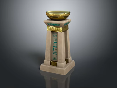 Egyptian Style Stone Pillar With Golden Bowl Top And Intricate Hieroglyphic Decorations 3d model
