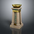 Egyptian Style Stone Pillar With Golden Bowl Top And Intricate Hieroglyphic Decorations