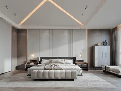 Elegant Modern Bedroom Interior With Bed Nightstands Pendant Lights Wardrobe And Cove Lighting Rug 3d model