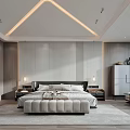Elegant Modern Bedroom Interior With Bed Nightstands Pendant Lights Wardrobe And Cove Lighting Rug