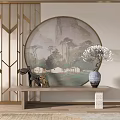 Elegant Console Table Interior Design with Circular Landscape Painting and Ceramic Vase 3d model