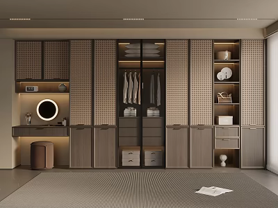 Modern Built-in Wardrobe Design With Hanging Rods Folded Clothes Drawers And Dressing Table Mirror 3d model