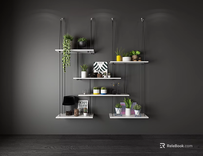 Hanging Wall Shelves With Green Plants And Decorations On Black Wall Interior 3d model 