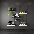 Hanging Wall Shelves With Green Plants And Decorations On Black Wall Interior