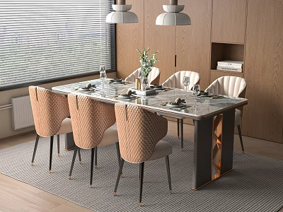 Modern Dining Table With Glass Top Textured Chairs Pendant Lights Wooden Cabinets Flower Vase Tableware 3d model