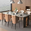 Modern Dining Table With Glass Top Textured Chairs Pendant Lights Wooden Cabinets Flower Vase Tableware