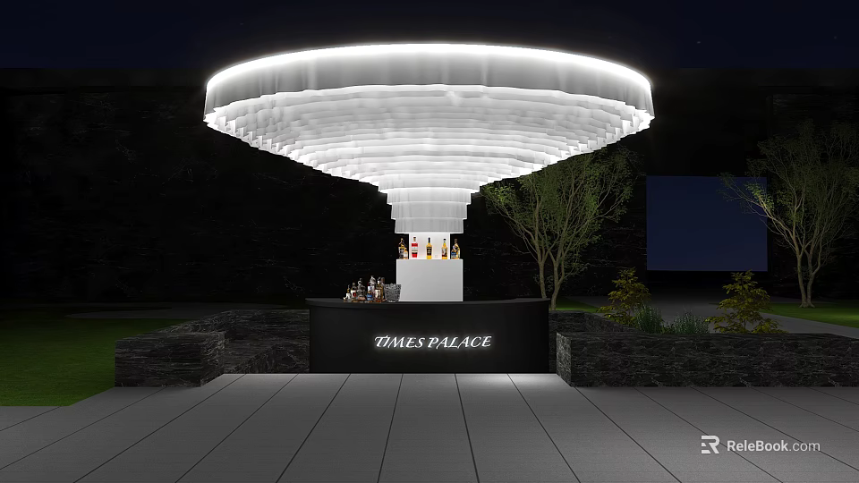 Photo Check In Spot With Large White Umbrella Like Structure And TAKEOFF PALACE Sign 3d model 