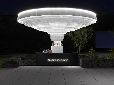 Photo Check In Spot With Large White Umbrella Like Structure And TAKEOFF PALACE Sign 3d model