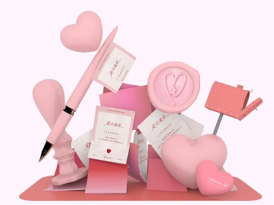 Romantic Pink Photo Spot with Heart Shaped Balloons Cards and Camera Decorations 3d model