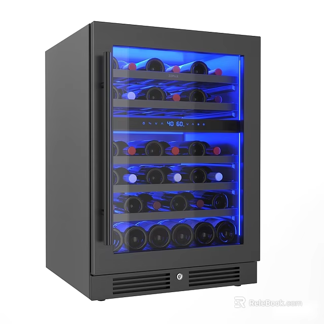 Black Wine Cooler with Glass Door and Blue LED Lighting for Multiple Bottle Storage 3d model 