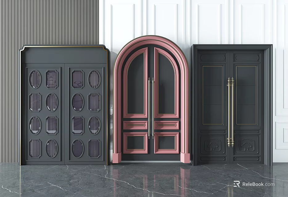 Elegant Double Doors With Decorative Patterns And Golden Handles In Different Colors 3d model 