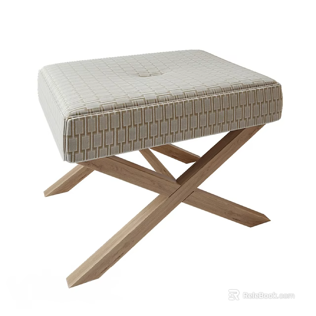 Stylish Ottoman Bench With Textured Light Upholstery And Natural Wood Cross Legs 3d model 