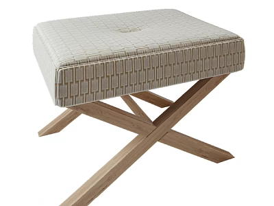 Stylish Ottoman Bench With Textured Light Upholstery And Natural Wood Cross Legs 3d model