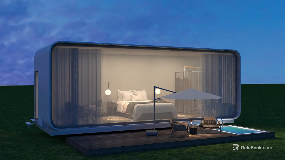 Modern Guesthouse Building With Glass Facade Terrace Pool And Outdoor Seating 3d model 