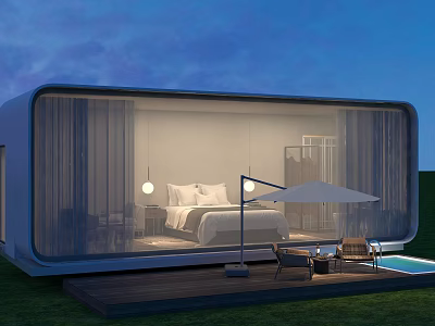 Modern Guesthouse Building With Glass Facade Terrace Pool And Outdoor Seating 3d model