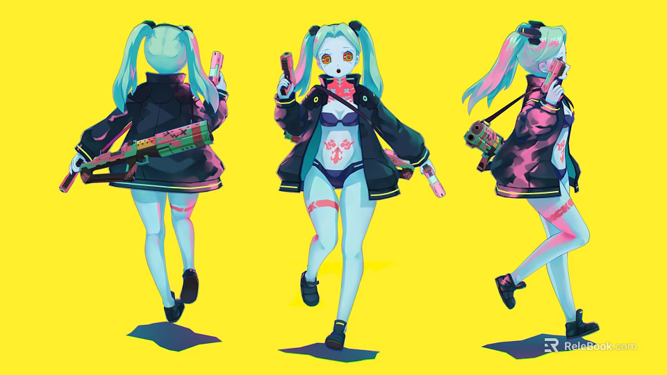 Anime Character With Blue Twin Tails Black Coat And Skull Creature Pattern On Yellow Background 3d model 