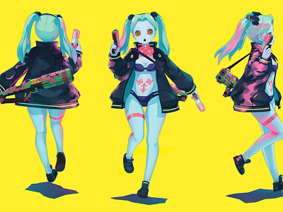 Anime Character With Blue Twin Tails Black Coat And Skull Creature Pattern On Yellow Background 3d model