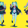 Anime Character With Blue Twin Tails Black Coat And Skull Creature Pattern On Yellow Background