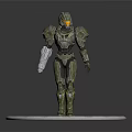 3D Green Armored Character Model With Helmet And Glowing Parts On Silver Base