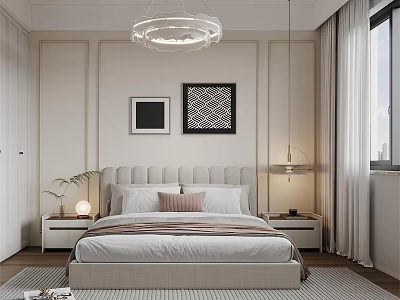 Modern Bedroom Interior Design With Round Pendant Light And Upholstered Headboard And Wall Art 3d model