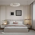 Modern Bedroom Interior Design With Round Pendant Light And Upholstered Headboard And Wall Art