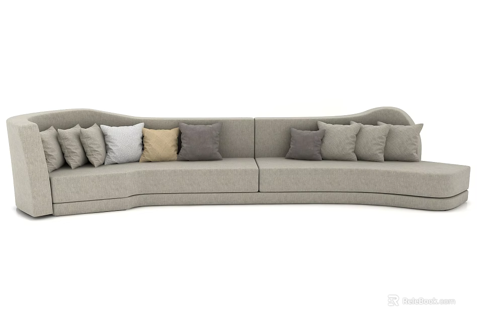 Modern Light Gray Sectional Sofa With Multiple Neutral Cushions And Curved Design 3d model