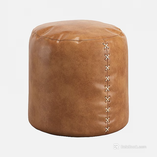 Brown Leather Round Ottoman With Decorative Stitching For Living Room 3d model 