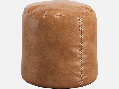 Brown Leather Round Ottoman With Decorative Stitching For Living Room 3d model