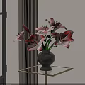 Black Vase With Red Lilies On Glass Table By Window With Curtains