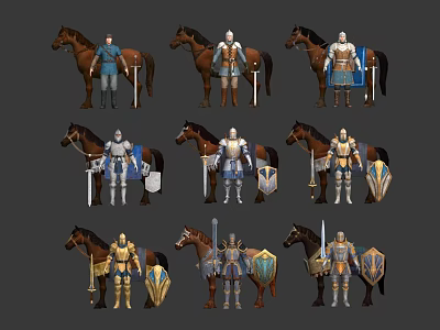 Medieval Fantasy Knights With Armored Horses And Various Armor Sets Swords Shields 3d model