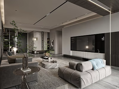 Modern Living Room Interior Design With Grey Sofa Rug TV Wall And Green Plants 3d model