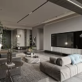Modern Living Room Interior Design With Grey Sofa Rug TV Wall And Green Plants