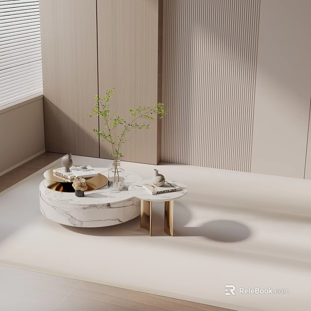 Modern Living Room Sofa and Coffee Table Set With Marble Top Decorative Vase And Books 3d model 