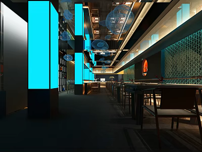 Modern Japanese Restaurant Interior With Stylish Blue Lighting And Wooden Dining Tables 3d model
