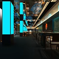 Modern Japanese Restaurant Interior With Stylish Blue Lighting And Wooden Dining Tables