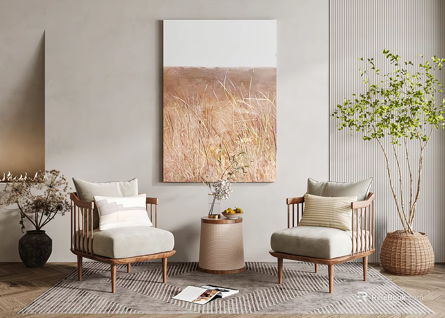 Modern Leisure Sofa Set With Wooden Frame Light Cushions Decorative Painting And Green Plant 3d model 