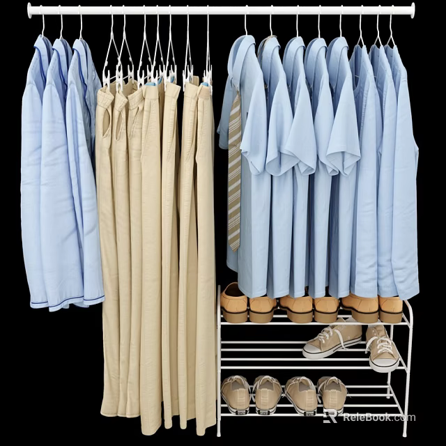 Light Blue Shirts And Beige Pants On Hangers With Shoes On Rack 3d model 