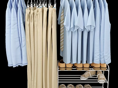Light Blue Shirts And Beige Pants On Hangers With Shoes On Rack 3d model