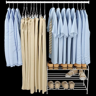 Light Blue Shirts And Beige Pants On Hangers With Shoes On Rack 3d model